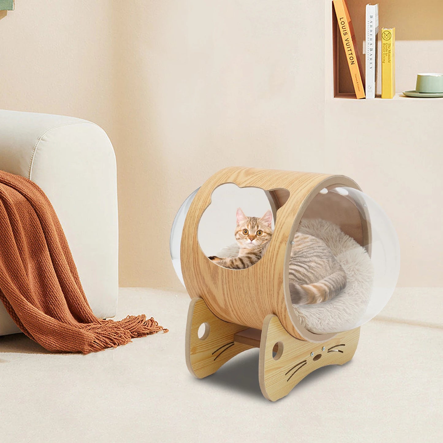 Cat Wooden Modern Pet Bed House Spaceship Space Capsule with Cushion